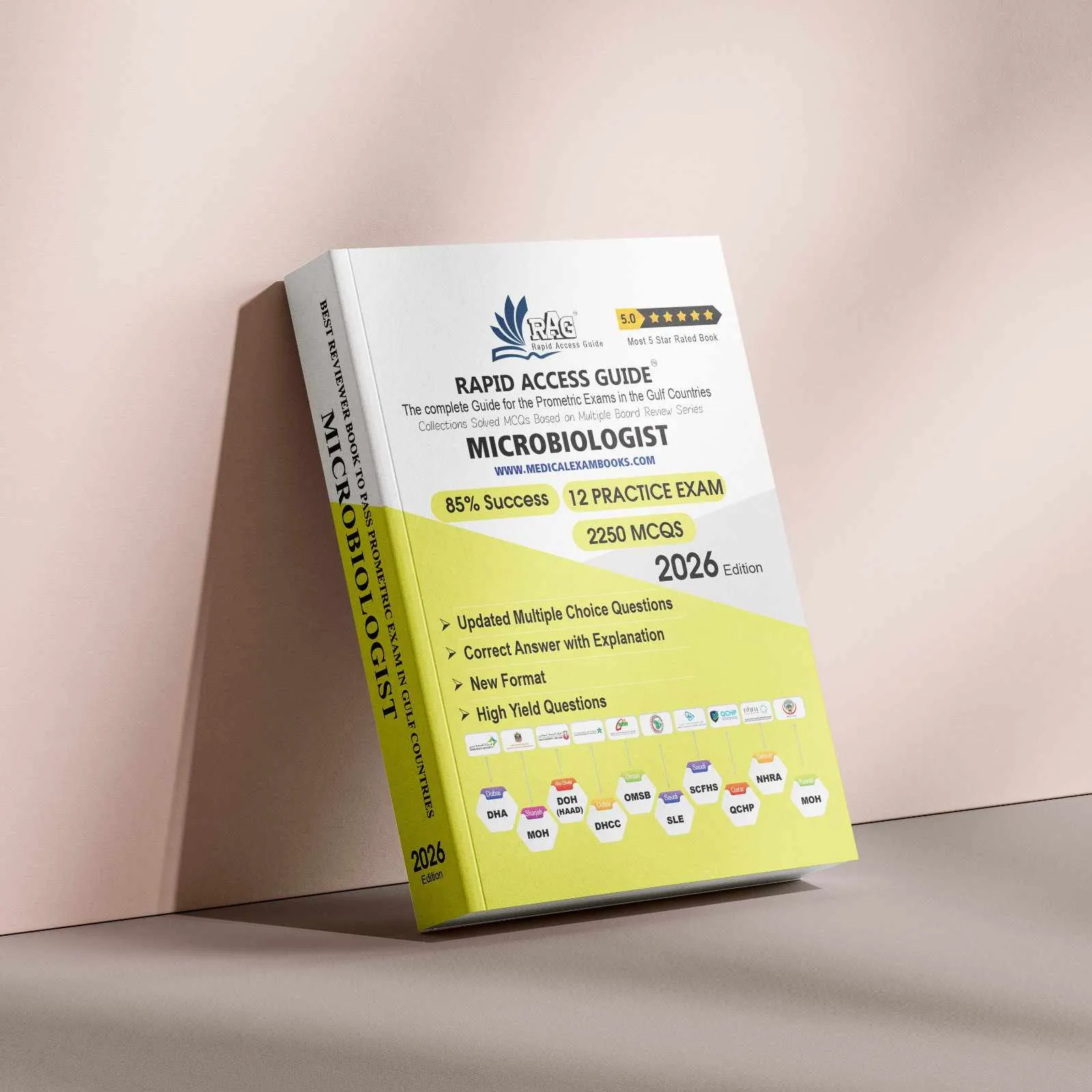 Microbiologist Prometric exam preparation book 2026 by Rapid Access Guide, featuring microbiology MCQs, practice exams, updated explanations, and coverage for DHA, MOH, DOH HAAD, DHCC, OMSB, SCFHS, QCHP, and NHRA