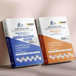 Pediatrician Prometric exam preparation book Volume 1 (2026) by Rapid Access Guide, featuring pediatric MCQs, practice exams, updated explanations, and coverage for DHA, MOH, DOH HAAD, DHCC, OMSB, SCFHS, QCHP, and NHRA