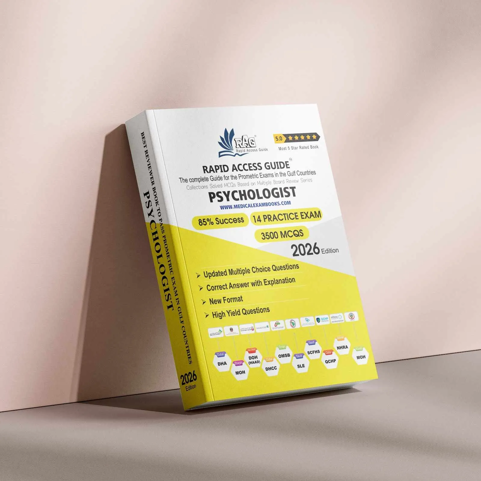 Psychologist Prometric exam preparation book 2026 by Rapid Access Guide, featuring psychology MCQs, practice exams, updated explanations, and coverage for DHA, MOH, DOH HAAD, DHCC, OMSB, SCFHS, QCHP, and NHRA