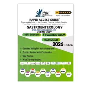 Gastroenterology Prometric exam preparation book 2026 by Rapid Access Guide, featuring 1500 MCQs, 8 practice exams, updated explanations, and coverage for DHA, MOH, HAAD, DHCC, OMSB, SCFHS, QCHP, and NHRA